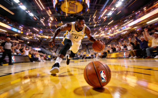 NBA篮球比赛现场球员运球突破与观众席灯光