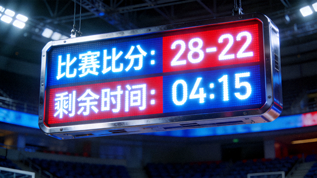 体育场馆电子记分牌显示比赛比分与剩余时间
